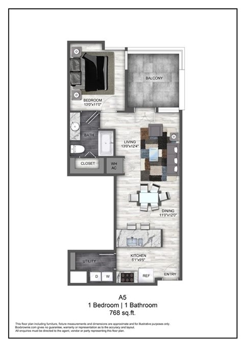 Floor plan for 1 bed, 1 bath, 768 sqft